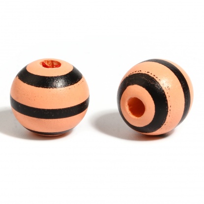 ウッド ビーズ 円形 オレンジピンク 縞模様柄 約 16mm直径、 穴：約 4.5mm - 3.6mm、 200 個 の画像