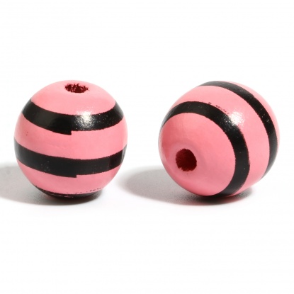 ウッド ビーズ 円形 黒+ピンク 縞模様柄 約 16mm直径、 穴：約 4.5mm - 3.6mm、 200 個 の画像