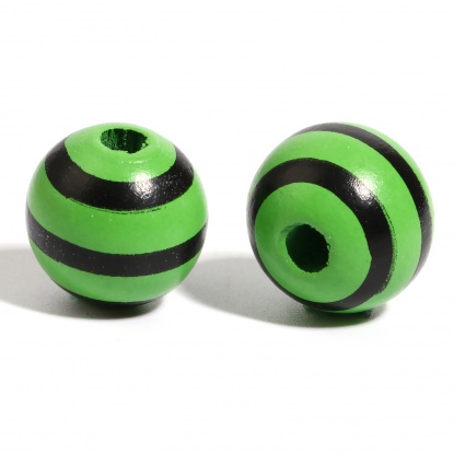 ウッド ビーズ 円形 黒+緑 縞模様柄 約 16mm直径、 穴：約 4.5mm - 3.6mm、 200 個 の画像
