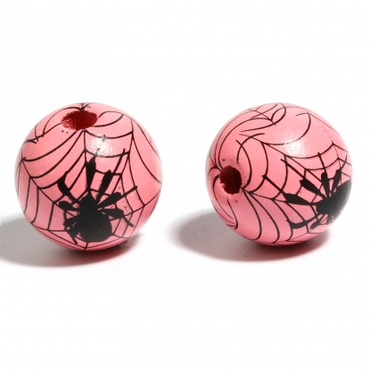 Picture of Wood Spacer Beads Round Black & Pink Halloween Spider About 16mm Dia., Hole: Approx 4.5mm - 3.6mm, 200 PCs