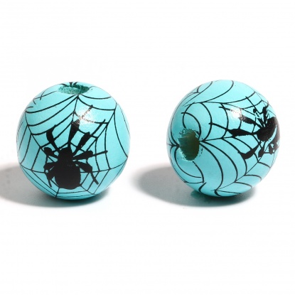 Picture of Wood Spacer Beads Round Light Blue Halloween Spider About 16mm Dia., Hole: Approx 4.5mm - 3.6mm, 200 PCs