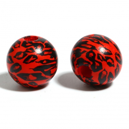 ウッド ビーズ 円形 黒+赤 ヒョウ柄柄 約 16mm直径、 穴：約 4.5mm - 3.6mm、 200 個 の画像