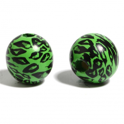 ウッド ビーズ 円形 黒+緑 ヒョウ柄柄 約 16mm直径、 穴：約 4.5mm - 3.6mm、 200 個 の画像