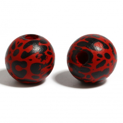 ウッド ビーズ 円形 深紅色 ヒョウ柄柄 約 16mm直径、 穴：約 4.5mm - 3.6mm、 200 個 の画像