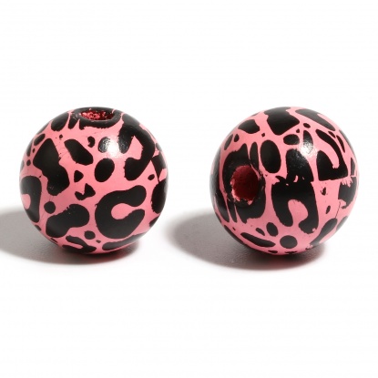 ウッド ビーズ 円形 黒+ピンク ヒョウ柄柄 約 16mm直径、 穴：約 4.5mm - 3.6mm、 200 個 の画像
