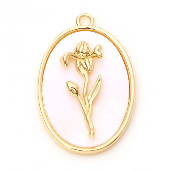 Immagine di Conchiglia + Rame Fiore del Mese di Nascita Charms Ovale Oro riempito Bianco Iris 27mm x 18mm, 30 Pz