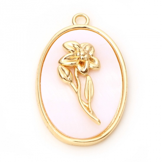 Immagine di Conchiglia + Rame Fiore del Mese di Nascita Charms Ovale Oro riempito Bianco Narciso 27mm x 18mm, 30 Pz