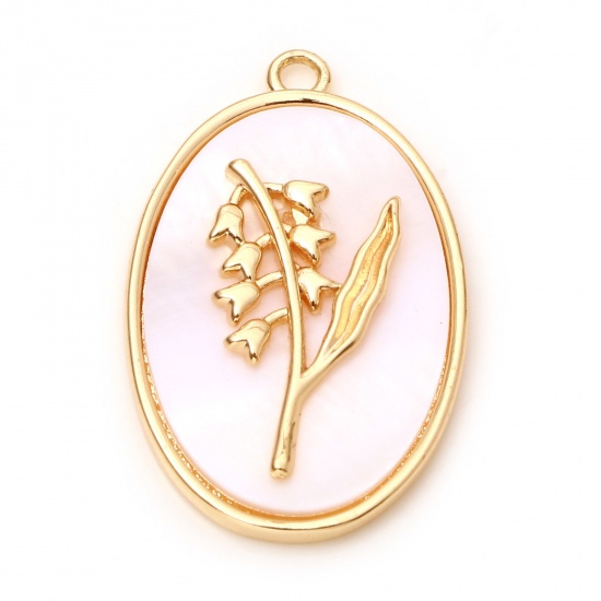 Immagine di Conchiglia + Rame Fiore del Mese di Nascita Charms Ovale Oro riempito Bianco Mughetto 27mm x 18mm, 30 Pz