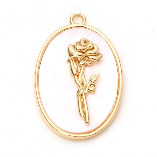Immagine di Conchiglia + Rame Fiore del Mese di Nascita Charms Ovale Oro riempito Bianco Rosa 27mm x 18mm, 30 Pz
