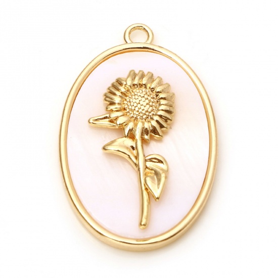 Immagine di Conchiglia + Rame Fiore del Mese di Nascita Charms Ovale Oro riempito Bianco Papavero 27mm x 18mm, 30 Pz