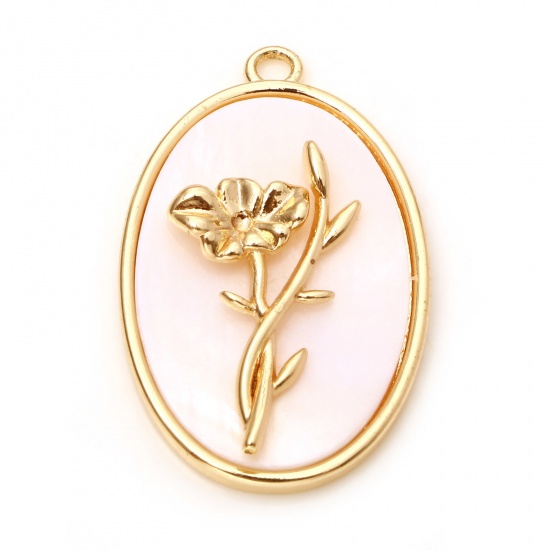 Immagine di Conchiglia + Rame Fiore del Mese di Nascita Charms Ovale Oro riempito Bianco Fiori di Astri 27mm x 18mm, 30 Pz