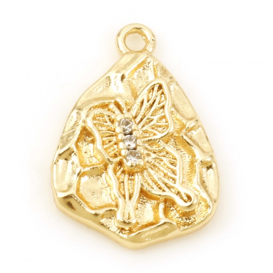 Immagine di Rame Insetto Charms Goccia Oro riempito Farfalla Micro Spianare Trasparente Cubic Zirconiae 14mm x 10mm, 50 Pz