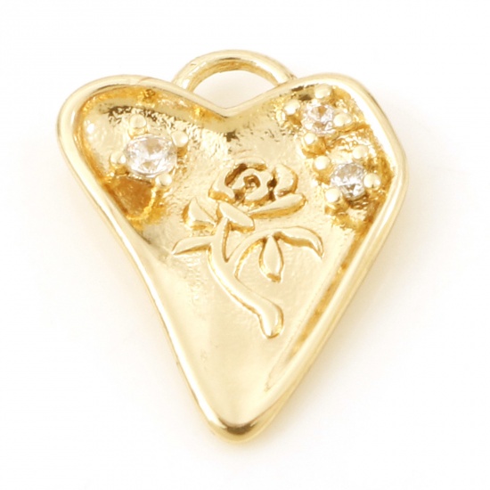 Immagine di Rame San Valentino Charms Cuore Oro riempito Rosa Micro Spianare Trasparente Cubic Zirconiae 14mm x 11mm, 30 Pz