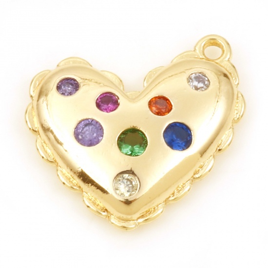 Immagine di Rame San Valentino Charms Cuore Oro riempito Micro Spianare Multicolore Cubic Zirconiae 16mm x 16mm, 30 Pz