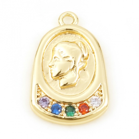 Immagine di Rame Charms Ovale Oro riempito Bellezza avatar Multicolore Cubic Zirconiae 17mm x 11mm, 30 Pz