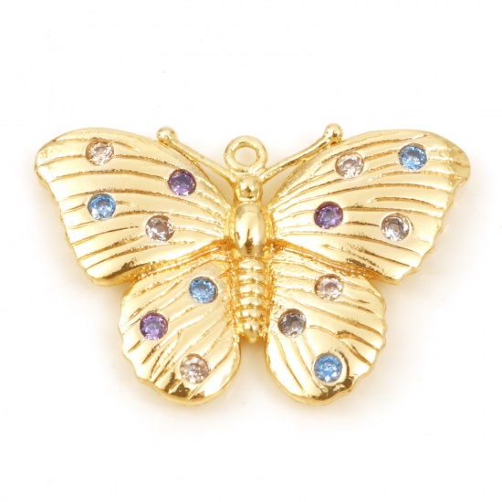 Picture of Copper Insect Charms Butterfly Animal Real Gold Plated Micro Pave Multicolour Cubic Zirconia 22.5mm x 15mm, 30 PCs