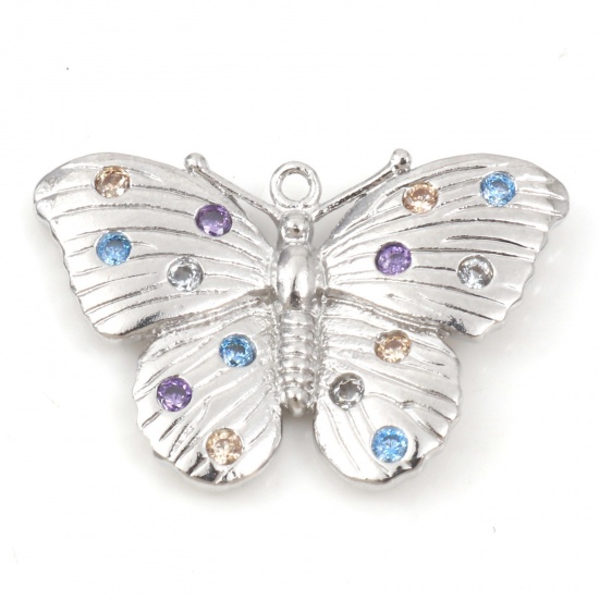 Picture of Copper Insect Charms Butterfly Animal Real Platinum Plated Micro Pave Multicolour Cubic Zirconia 22.5mm x 15mm, 30 PCs