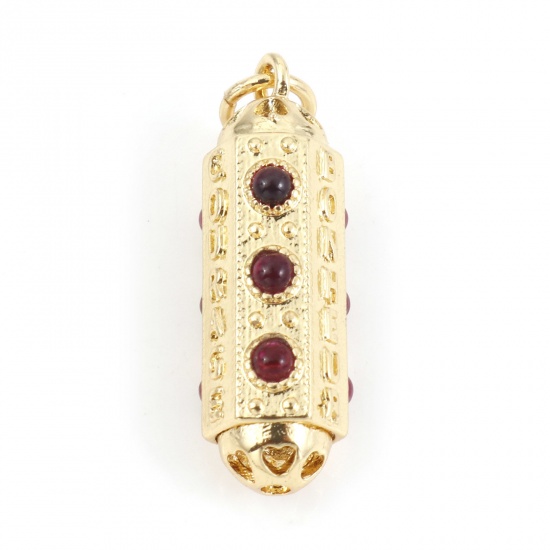 Picture of Copper Charms Gold Plated Hexagonal Prism Micro Pave Red Cubic Zirconia 26mm x 7mm, 10 PCs