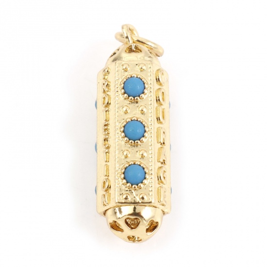 Picture of Copper Charms Gold Plated Hexagonal Prism Micro Pave Blue Cubic Zirconia 26mm x 7mm, 10 PCs