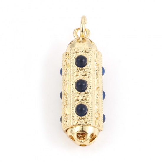 Picture of Copper Charms Gold Plated Hexagonal Prism Micro Pave Black Cubic Zirconia 26mm x 7mm, 10 PCs