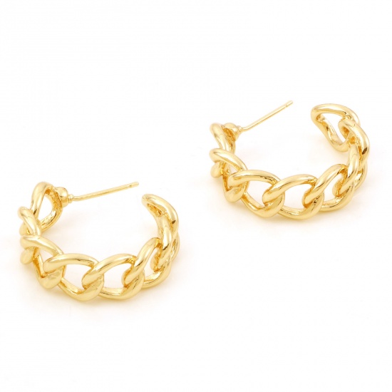 Imagen de Cobre Elegante Pendientes Círculos Oro lleno Cadena de Enlace 25mm x 25mm, Post/ Wire Size: (21 gauge), 30 Unidades