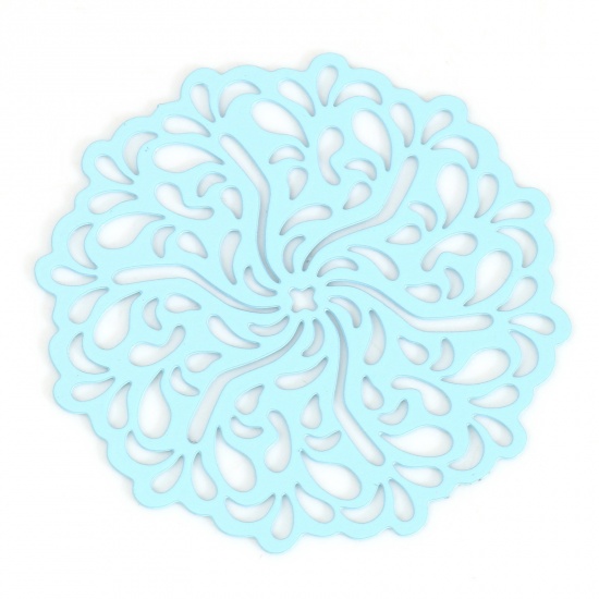 Bild von Eisenlegierung Filigran Stempel Verzierung Verbinder Blumen Hellblau Spritzlackierung, 3.4cm x 3.3cm, 100 Stück