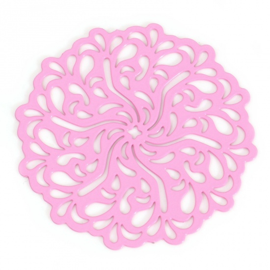 Bild von Eisenlegierung Filigran Stempel Verzierung Verbinder Blumen Rosa Spritzlackierung, 3.4cm x 3.3cm, 100 Stück