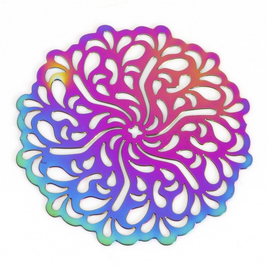 Bild von Eisenlegierung Filigran Stempel Verzierung Verbinder Blumen Regenbogenfarbe Plattiert 3.4cm x 3.3cm, 100 Stück