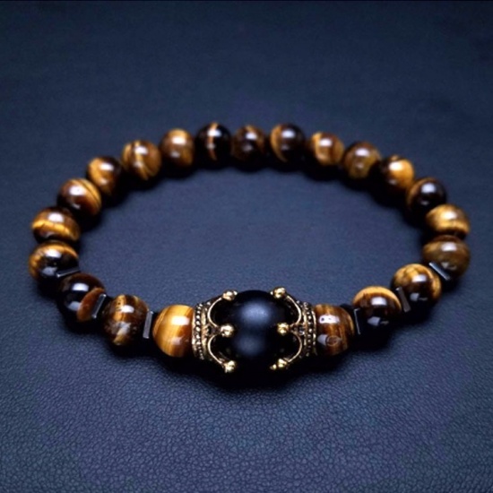Picture of Stainless Steel Natural Tiger's Eyes Dainty Bracelets Delicate Bracelets Beaded Bracelet Brown Gold Tone Antique Gold Round Crown 1 Piece