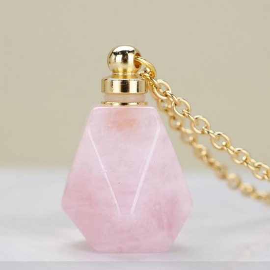 Picture of (Grade A) Rose Quartz ( Natural ) Necklace Gold Plated Light Pink Polygon Essential Oil Bottle 70cm(27 4/8") long, 1 Piece