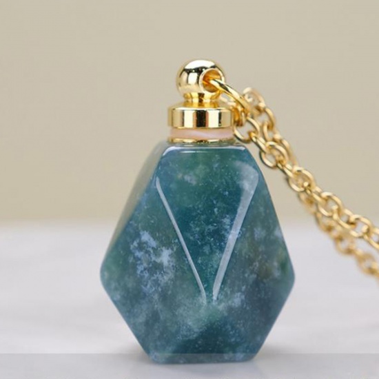 Picture of (Grade A) India Agate ( Natural ) Necklace Gold Plated Green Blue Polygon Essential Oil Bottle 70cm(27 4/8") long, 1 Piece