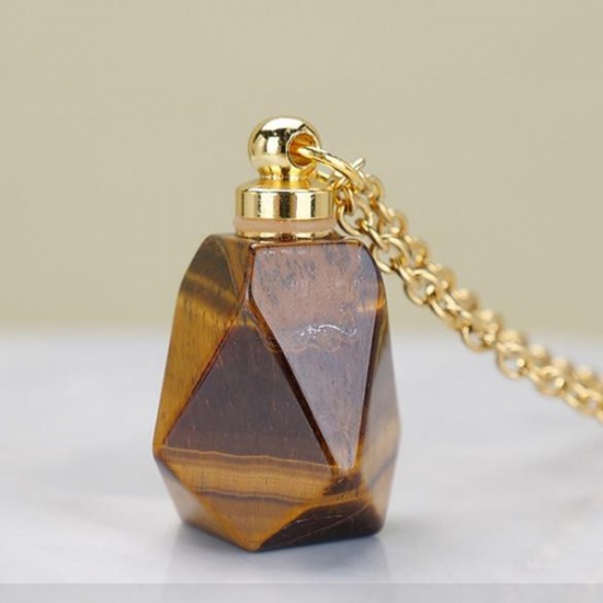 Picture of (Grade A) Tiger's Eyes ( Natural ) Necklace Gold Plated Brown Polygon Essential Oil Bottle 70cm(27 4/8") long, 1 Piece