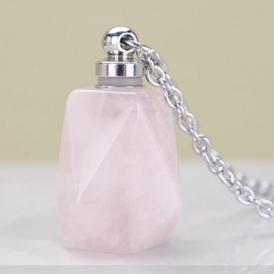 Picture of (Grade A) Rose Quartz ( Natural ) Necklace Silver Tone Light Pink Polygon Essential Oil Bottle 70cm(27 4/8") long, 1 Piece