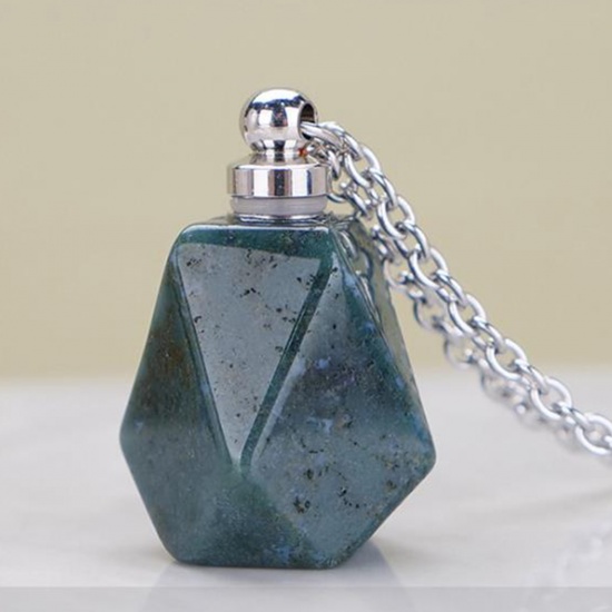 Picture of (Grade A) India Agate ( Natural ) Necklace Silver Tone Green Blue Polygon Essential Oil Bottle 70cm(27 4/8") long, 1 Piece