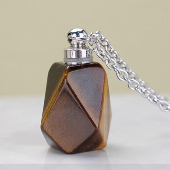 Picture of (Grade A) Tiger's Eyes ( Natural ) Necklace Silver Tone Brown Polygon Essential Oil Bottle 70cm(27 4/8") long, 1 Piece
