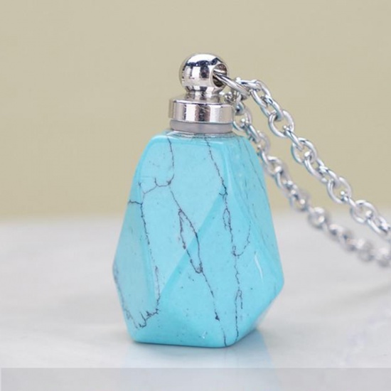 Picture of (Grade B) Turquoise ( Synthetic ) Necklace Silver Tone Blue Polygon Essential Oil Bottle 70cm(27 4/8") long, 1 Piece