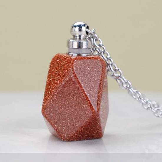 Picture of (Grade B) Gold Sand Stone ( Synthetic ) Necklace Silver Tone Brown Red Polygon Essential Oil Bottle 70cm(27 4/8") long, 1 Piece