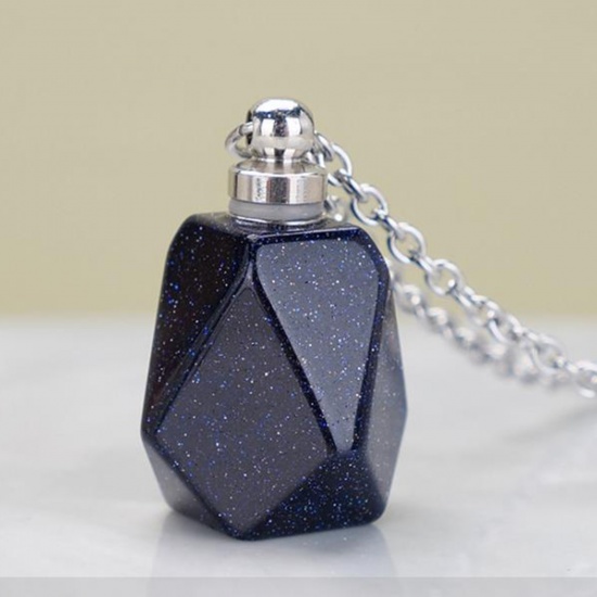 Picture of (Grade B) Blue Sand Stone ( Synthetic ) Necklace Silver Tone Blue Black Polygon Essential Oil Bottle 70cm(27 4/8") long, 1 Piece