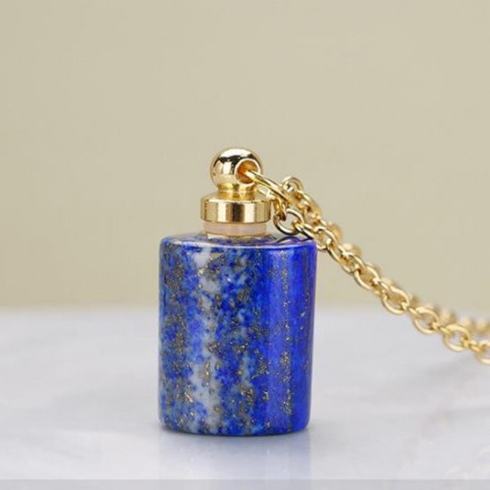 Picture of (Grade A) Lapis Lazuli ( Natural ) Necklace Gold Plated Royal Blue Cylinder Essential Oil Bottle 70cm(27 4/8") long, 1 Piece