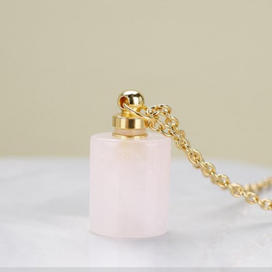 Picture of (Grade A) Rose Quartz ( Natural ) Necklace Gold Plated Light Pink Cylinder Essential Oil Bottle 70cm(27 4/8") long, 1 Piece