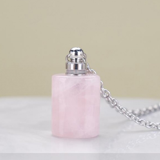 Picture of (Grade A) Rose Quartz ( Natural ) Necklace Silver Tone Light Pink Cylinder Essential Oil Bottle 70cm(27 4/8") long, 1 Piece