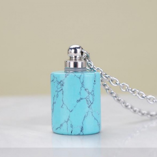 Picture of (Grade B) Turquoise ( Synthetic ) Necklace Silver Tone Blue Cylinder Essential Oil Bottle 70cm(27 4/8") long, 1 Piece