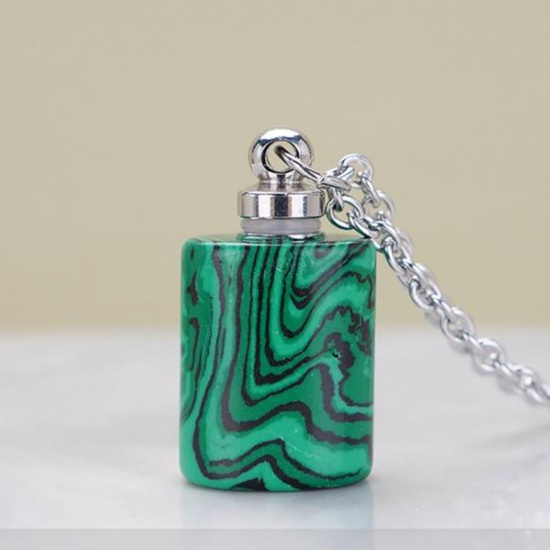 Picture of (Grade B) Malachite ( Synthetic ) Necklace Silver Tone Green Cylinder Essential Oil Bottle 70cm(27 4/8") long, 1 Piece