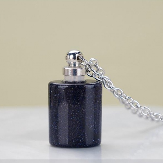 Picture of (Grade B) Blue Sand Stone ( Synthetic ) Necklace Silver Tone Dark Blue Cylinder Essential Oil Bottle 70cm(27 4/8") long, 1 Piece