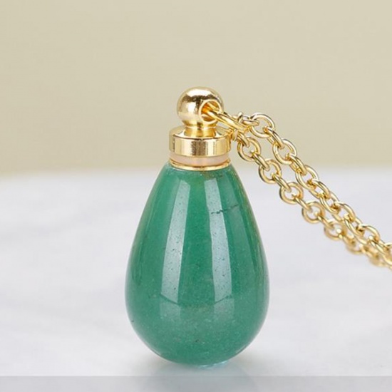 Picture of (Grade A) Green Aventurine ( Natural ) Necklace Gold Plated Green Drop Essential Oil Bottle 70cm(27 4/8") long, 1 Piece