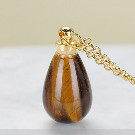 Picture of (Grade A) Tiger's Eyes ( Natural ) Necklace Gold Plated Brown Drop Essential Oil Bottle 70cm(27 4/8") long, 1 Piece