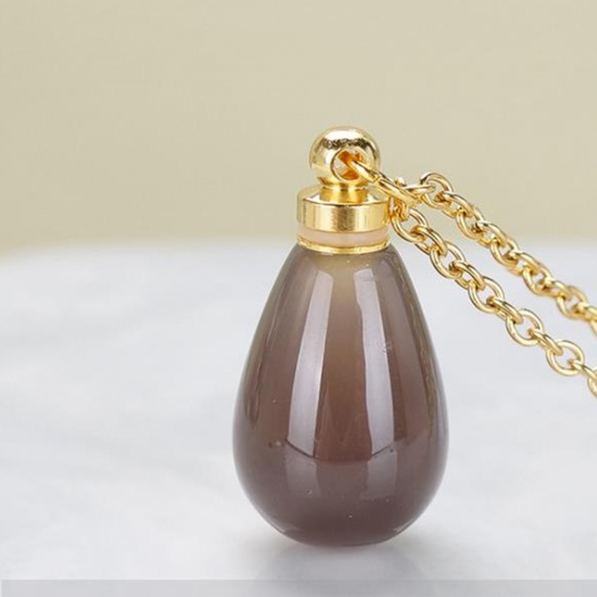 Picture of (Grade A) Agate ( Natural ) Necklace Gold Plated Khaki Drop Essential Oil Bottle 70cm(27 4/8") long, 1 Piece
