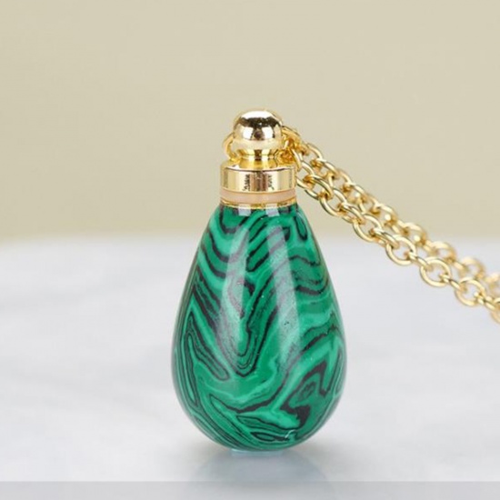 Picture of (Grade B) Malachite ( Synthetic ) Necklace Gold Plated Green Drop Essential Oil Bottle 70cm(27 4/8") long, 1 Piece