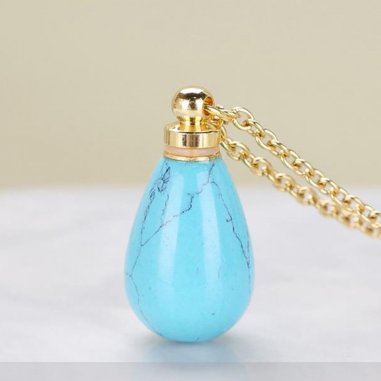 Picture of (Grade B) Turquoise ( Synthetic ) Necklace Gold Plated Blue Drop Essential Oil Bottle 70cm(27 4/8") long, 1 Piece