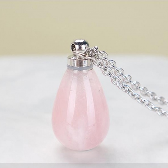 Picture of (Grade A) Rose Quartz ( Natural ) Necklace Silver Tone Light Pink Drop Essential Oil Bottle 70cm(27 4/8") long, 1 Piece